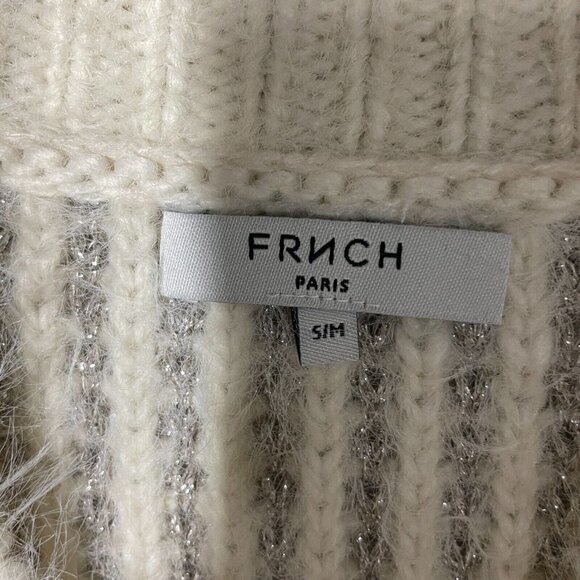 FRNCH Womens Sz S/M Mock Neck Fuzzy Geometric ZigZag Hem Ivory Metallic Sweater - Picture 3 of 9